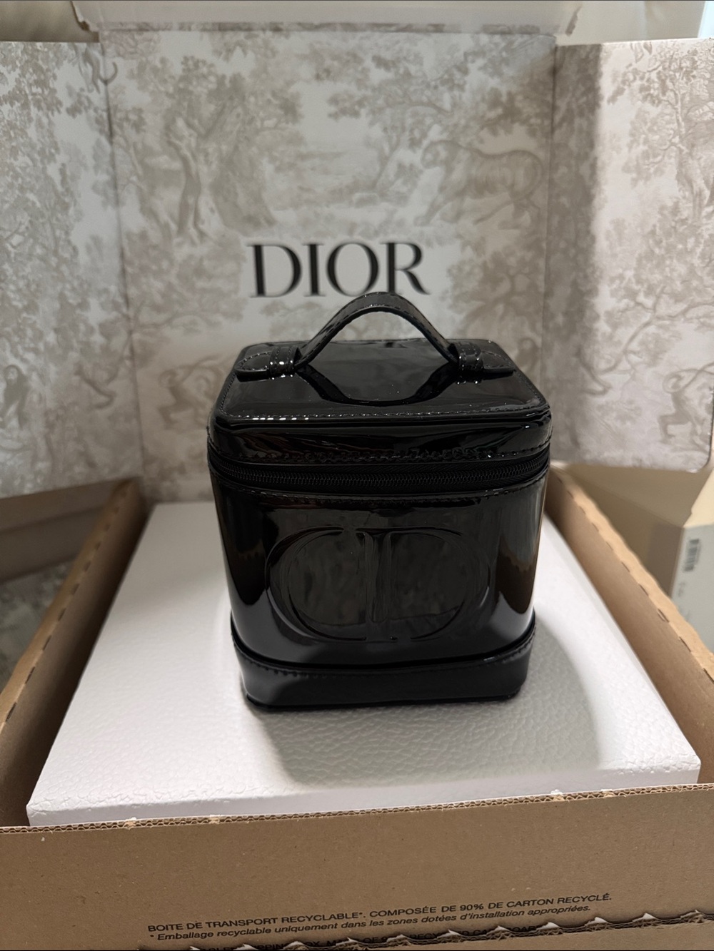 Limited Dior faux Patent Cosmetic Vanity Case with Top Handle and Embossed Logo